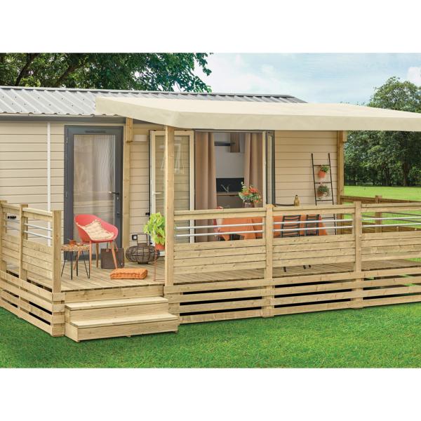 Terrasse couverte Prestige profondeur 3m Toile PVC standard, rambarde Bella