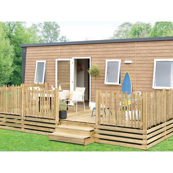 Terrasse Clairval non couverte Allure 2m60 avec rambarde "Oyat" (1/2 rondins)