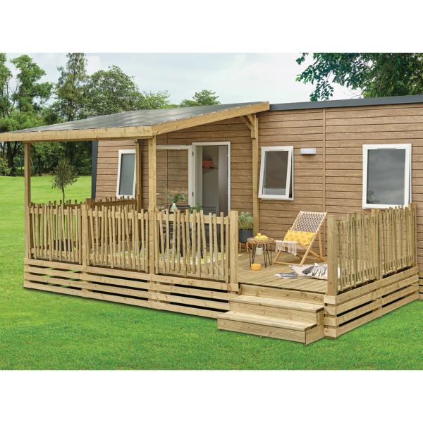 Terrasse couverte Prestige profondeur 3m Toile PVC standard, rambarde Oyat