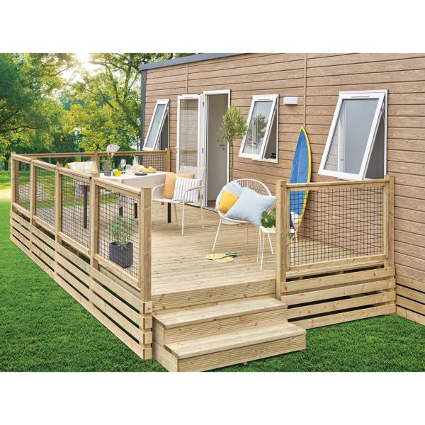 Terrasse Clairval non couverte Allure 2m60  avec rambarde "Pyla" (filet noir)