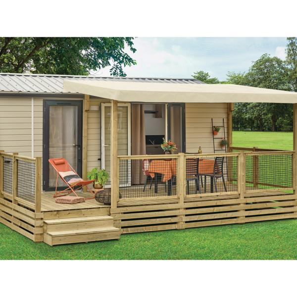 Terrasse couverte Prestige profondeur 3m Toile PVC standard, rambarde Pyla